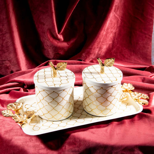 Arabic White Serving Jars with Lid & Tray